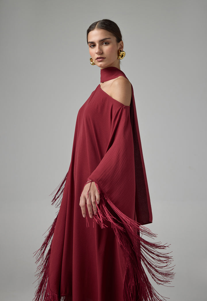 Choice One-Shoulder Dress With Tassels Details Burgundy