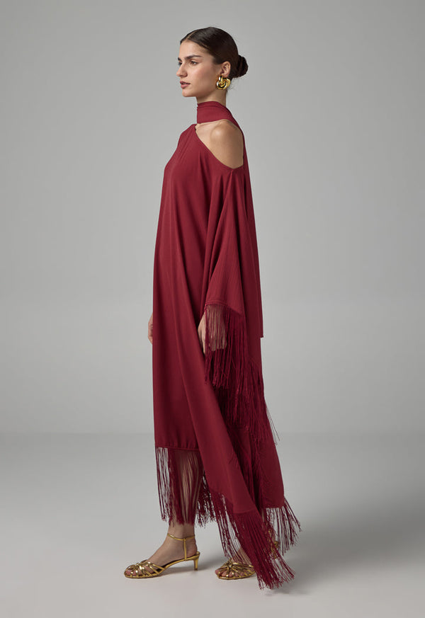 Choice One-Shoulder Dress With Tassels Details Burgundy