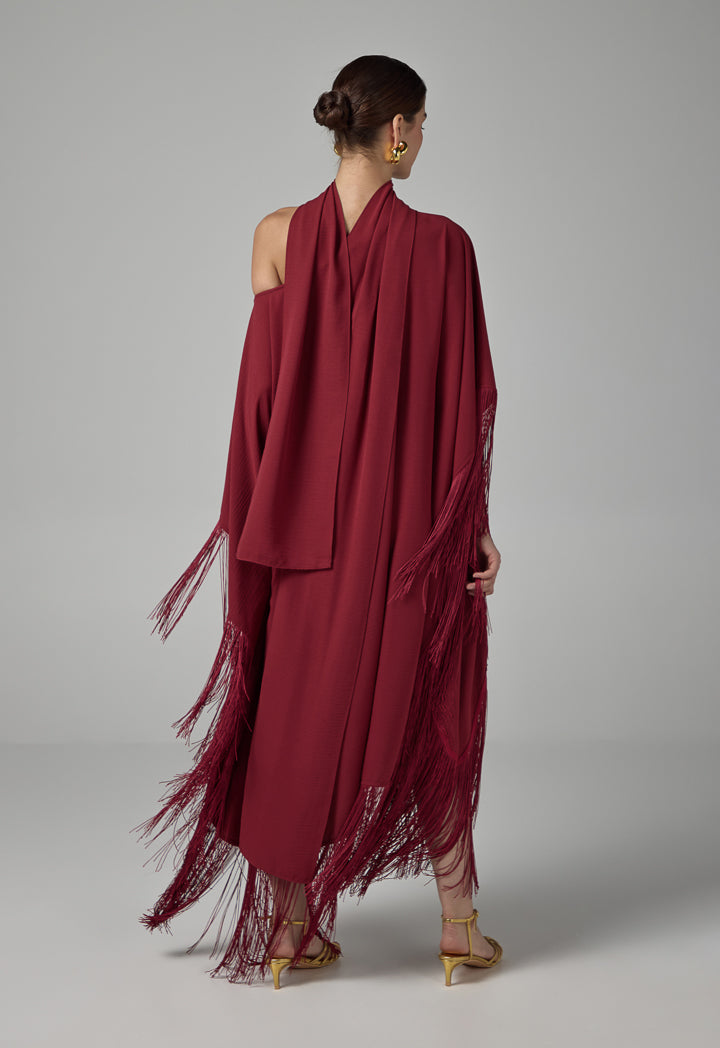 Choice One-Shoulder Dress With Tassels Details Burgundy