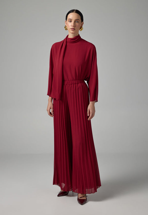 Choice Solid Elastic Waistband Pleated Trousers Burgundy