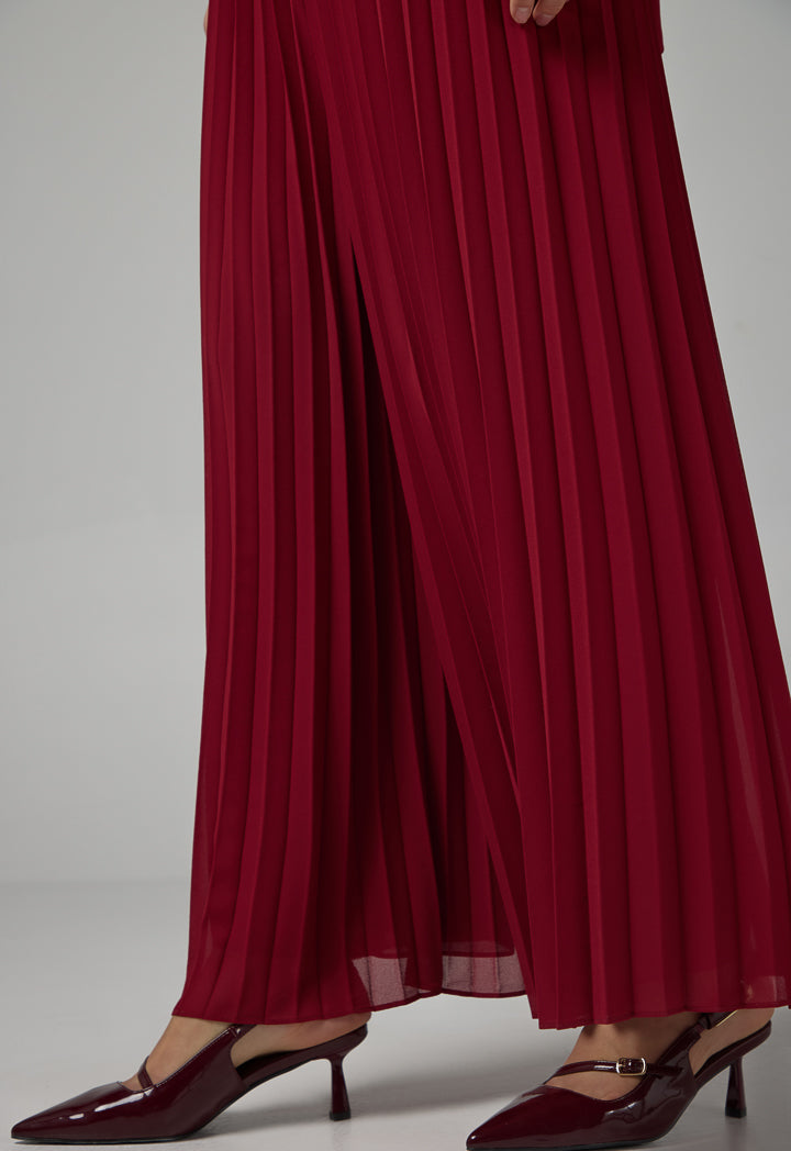 Choice Solid Elastic Waistband Pleated Trousers Burgundy