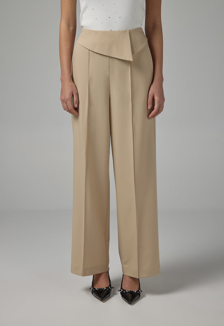 Choice Basic Front Pin Tuck Wide Leg Trousers Beige