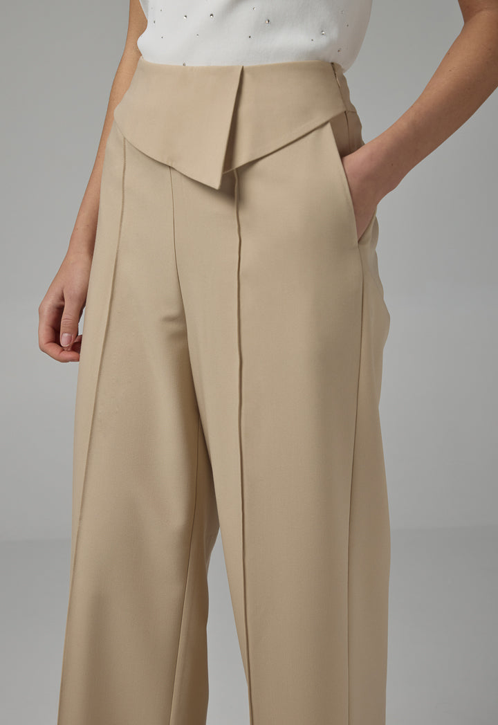 Choice Basic Front Pin Tuck Wide Leg Trousers Beige