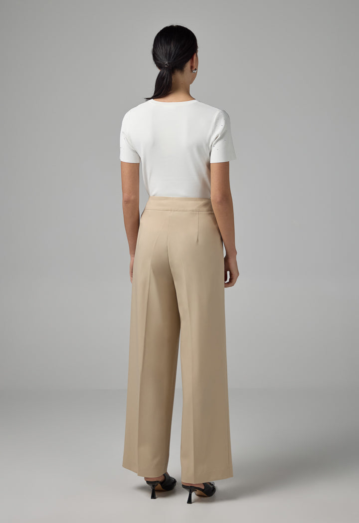 Choice Basic Front Pin Tuck Wide Leg Trousers Beige