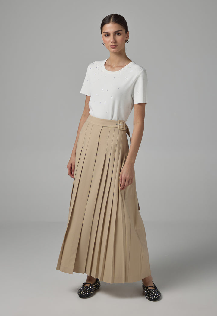 Choice Single Tone Plated Skirt Beige