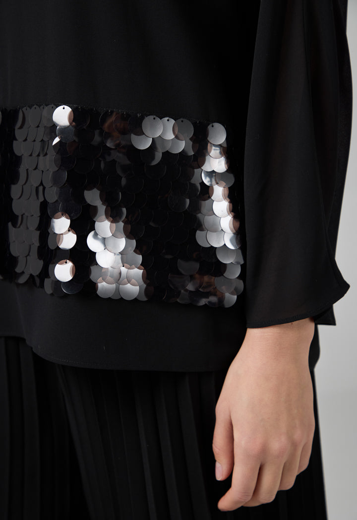 Choice Solid Kimono Sleeve Sequin Blouse Black