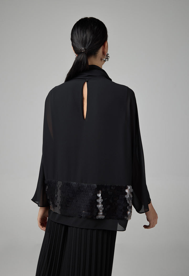 Choice Solid Kimono Sleeve Sequin Blouse Black