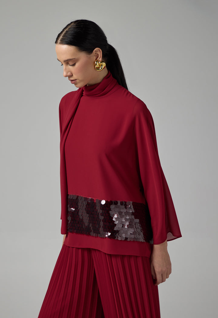 Choice Solid Kimono Sleeve Sequin Blouse Burgundy