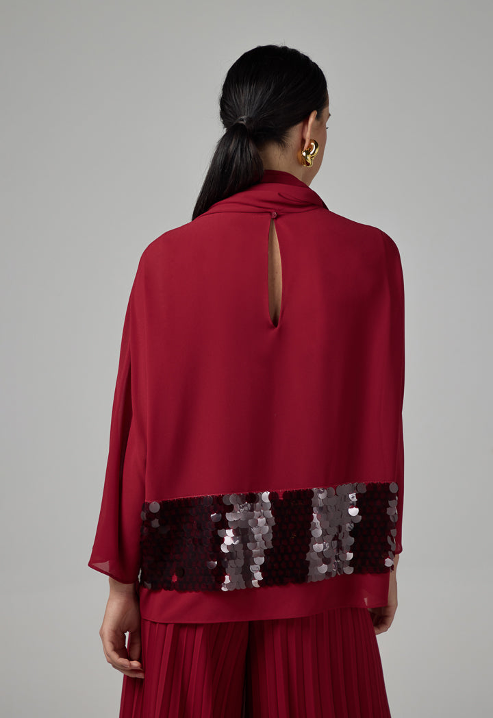 Choice Solid Kimono Sleeve Sequin Blouse Burgundy