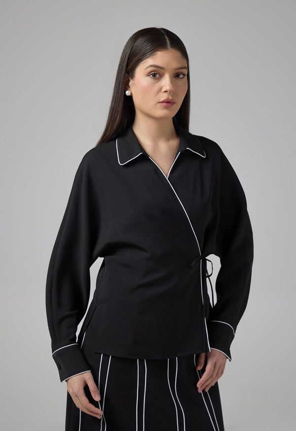 Choice Solid Shirt With Self Tie At Waist  Black