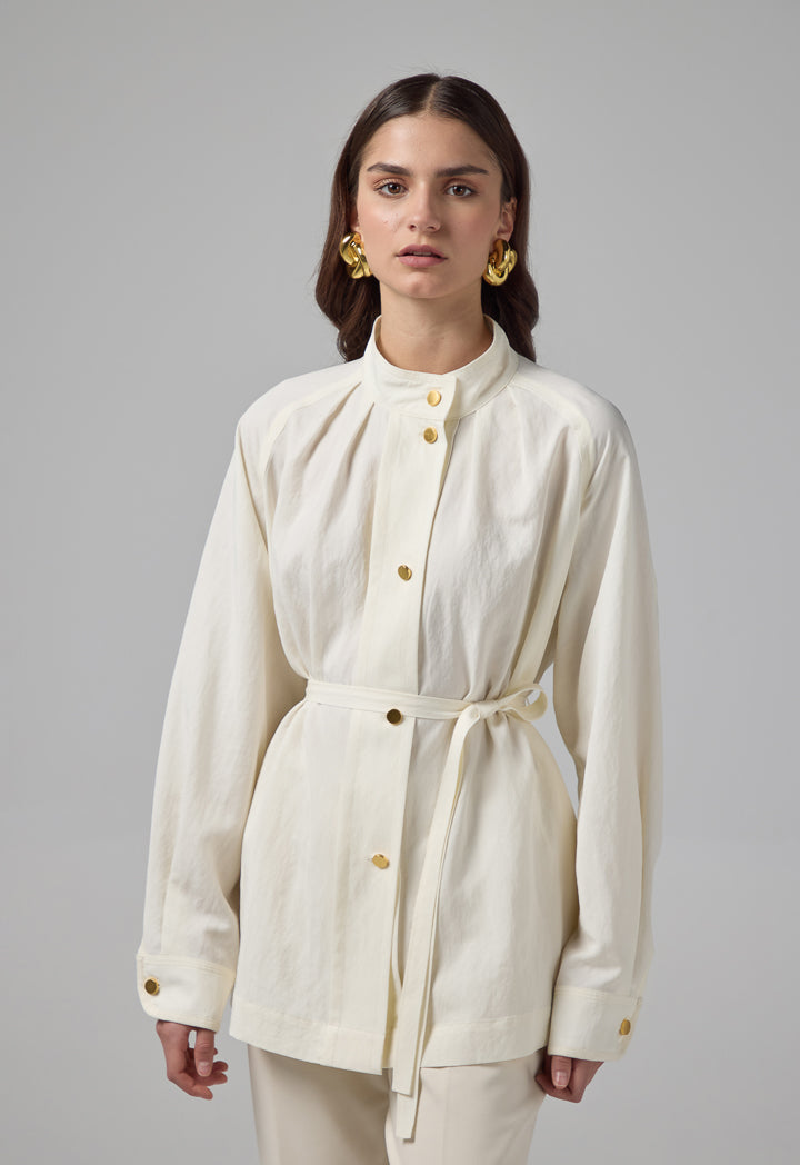 Choice Solid Relaxed Fit Belted Jacket Beige