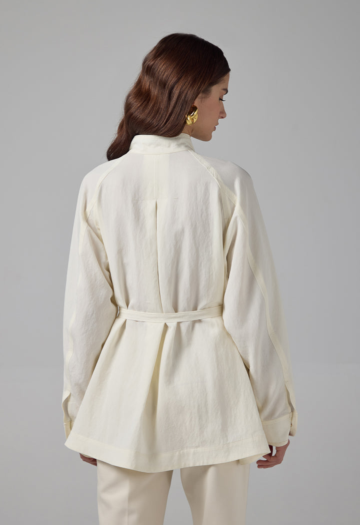 Choice Solid Relaxed Fit Belted Jacket Beige