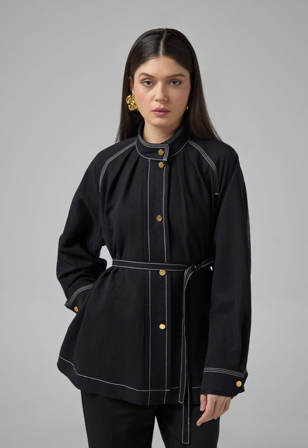 Choice Solid Relaxed Fit Belted Jacket Black