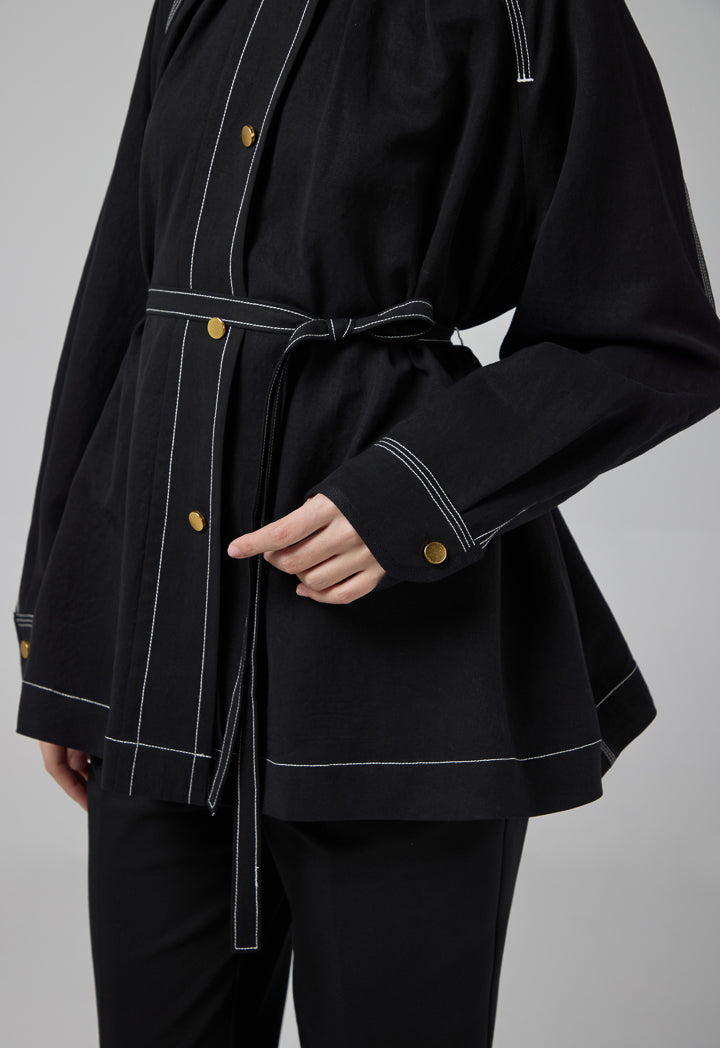 Choice Solid Relaxed Fit Belted Jacket Black