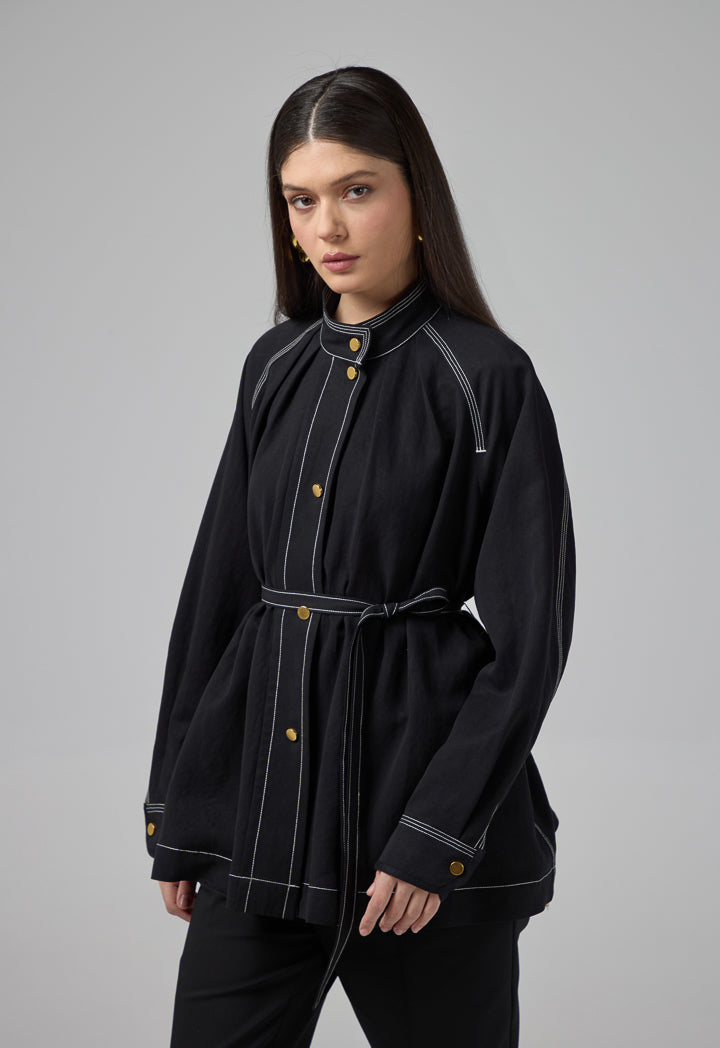 Choice Solid Relaxed Fit Belted Jacket Black