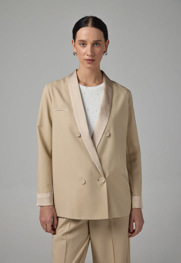 Choice Shawl Collar Contrast Blazer  Beige