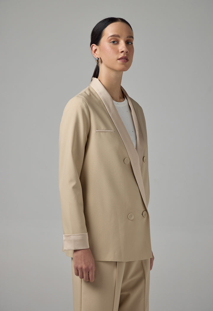 Choice Shawl Collar Contrast Blazer  Beige