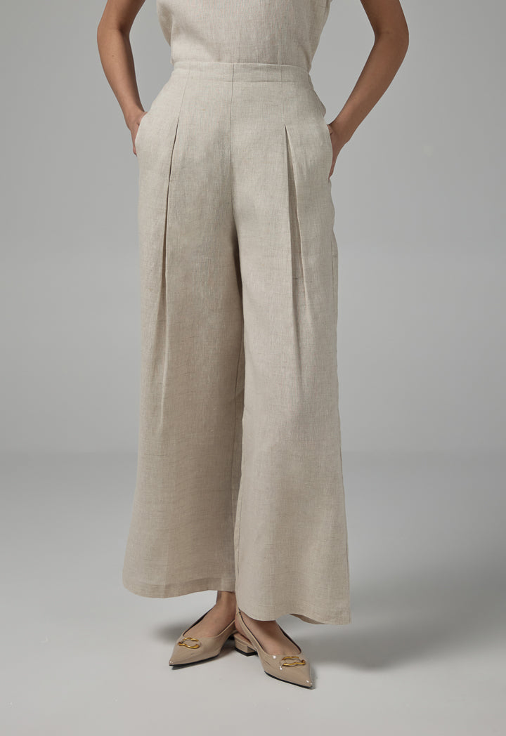 Choice Solid Linen Wide Leg Trousers Beige