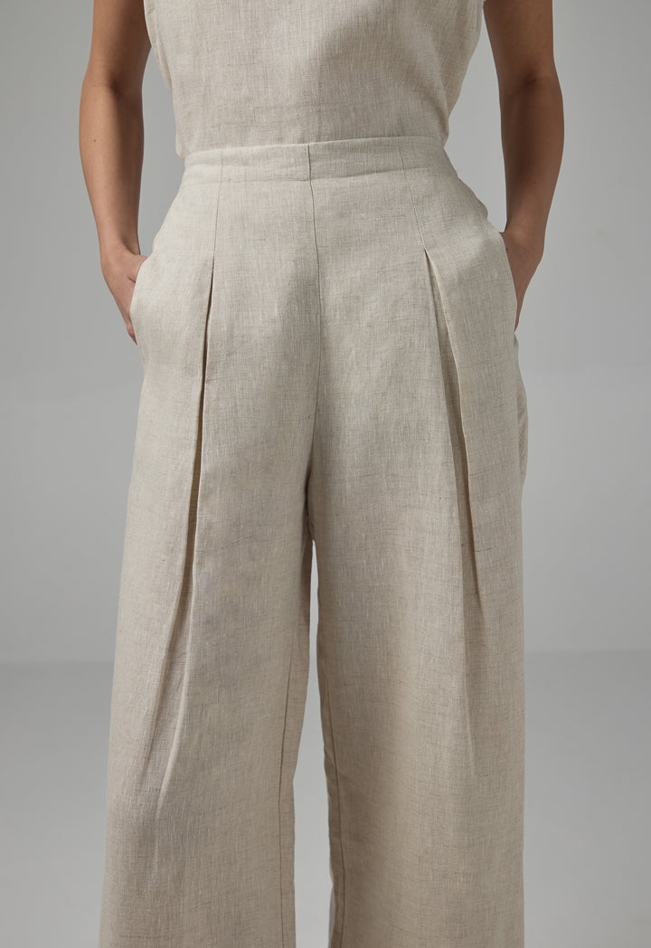 Choice Solid Linen Wide Leg Trousers Beige