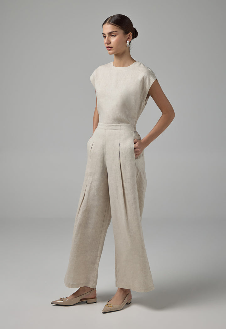 Choice Solid Linen Wide Leg Trousers Beige