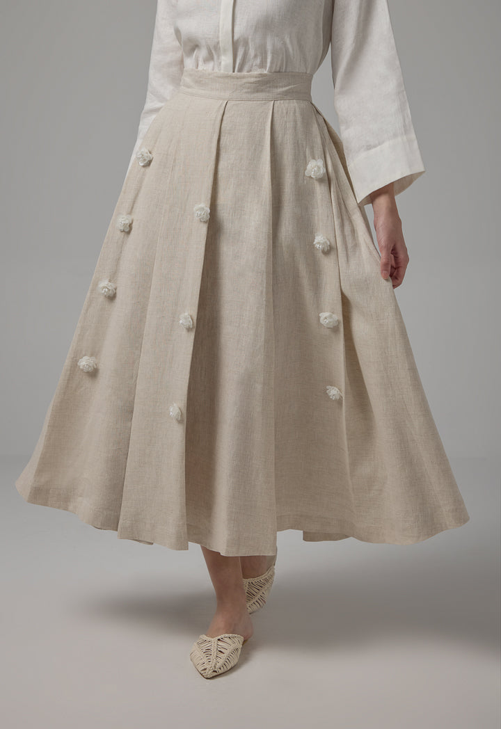 Choice Flared Linen Pleated Skirt Beige