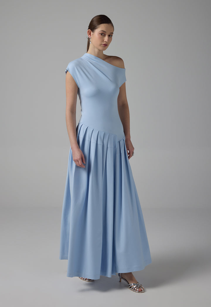 Choice Half Of Shoulder Pleated Dress Blue