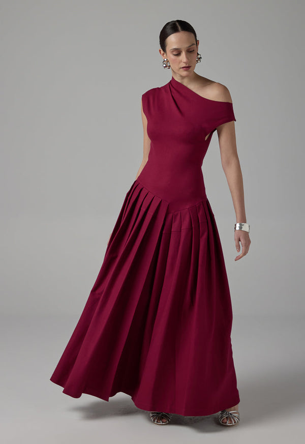 Choice Half Of Shoulder Pleated Dress Wine