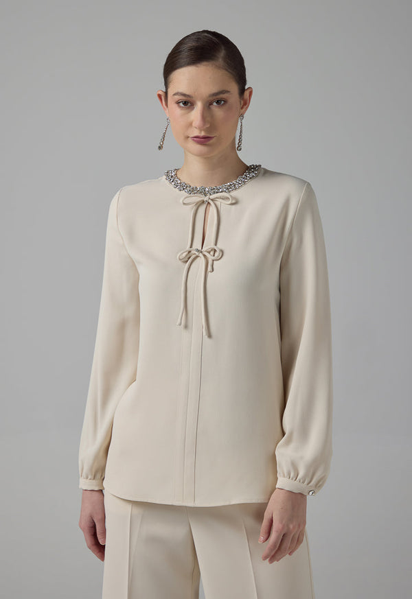 Choice Crystal Embellished Bow-Detail Blouse Beige