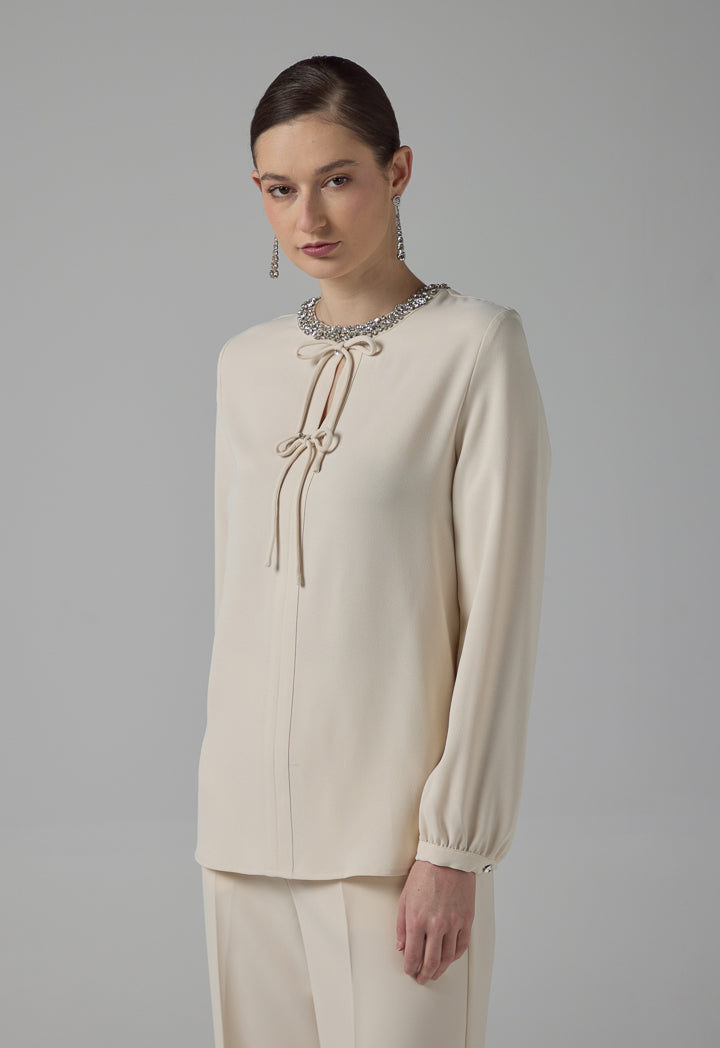 Choice Crystal Embellished Bow-Detail Blouse Beige