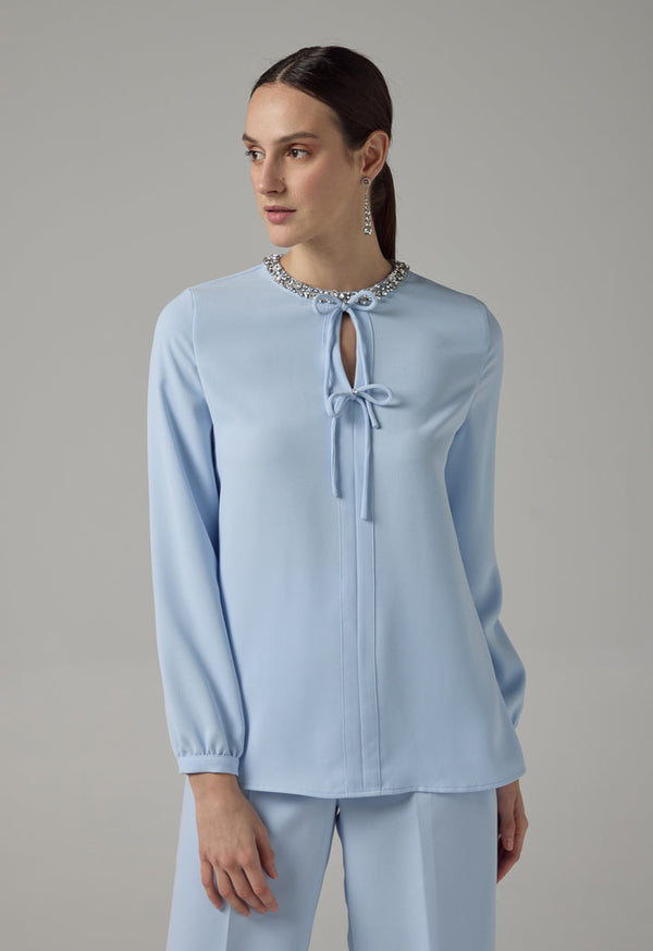 Choice Crystal Embellished Bow-Detail Blouse Blue