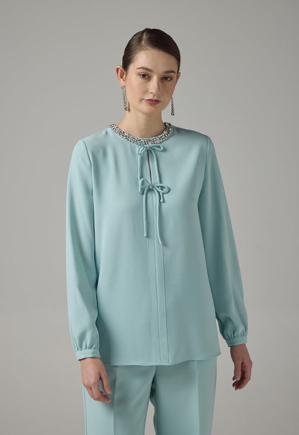 Choice Crystal Embellished Bow-Detail Blouse Mint