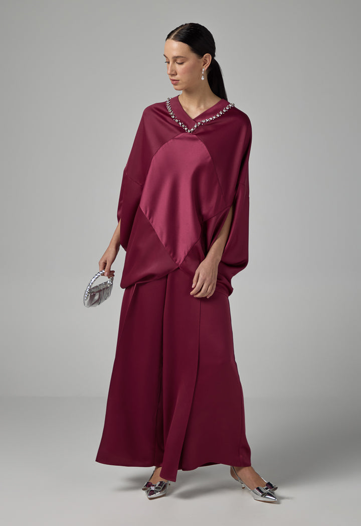 Choice Solid Crystal Embellished Cape Blouse Burgundy