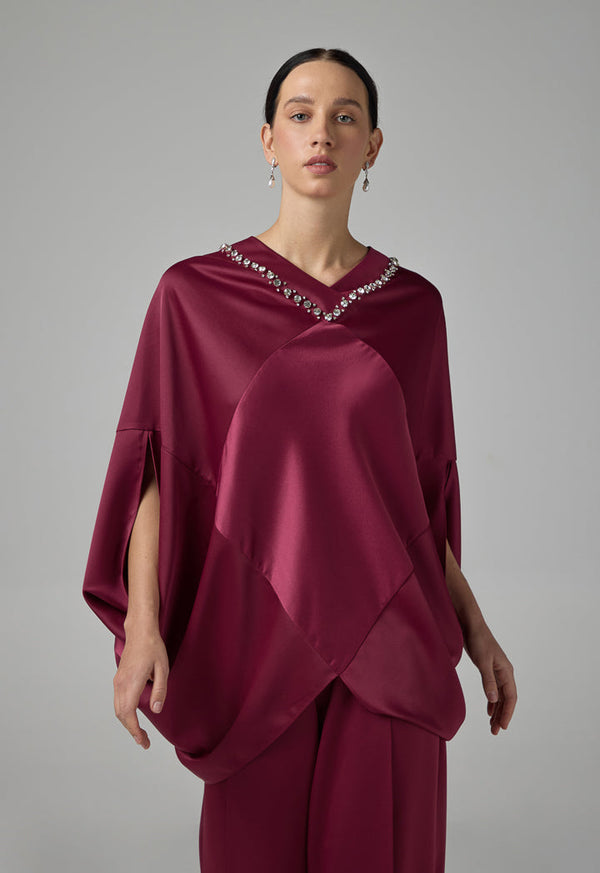 Choice Solid Crystal Embellished Cape Blouse Burgundy