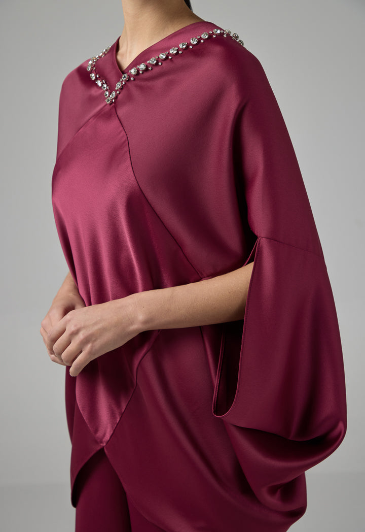 Choice Solid Crystal Embellished Cape Blouse Burgundy