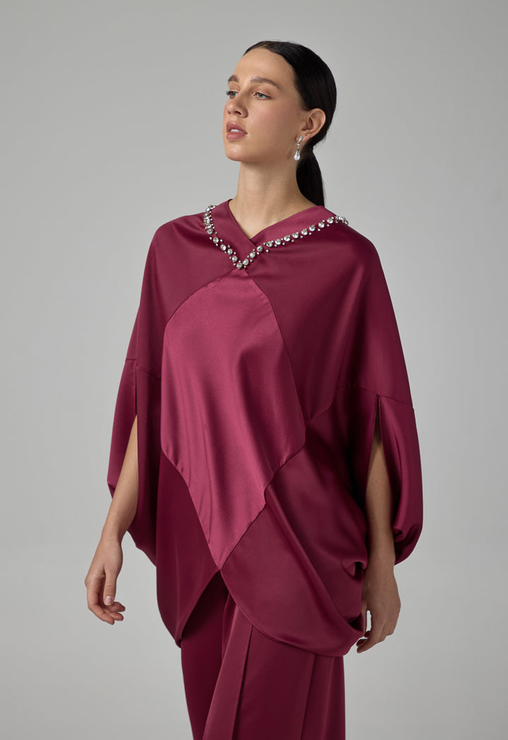 Choice Solid Crystal Embellished Cape Blouse Burgundy