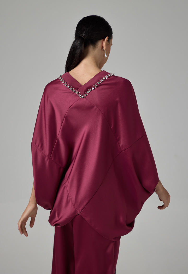 Choice Solid Crystal Embellished Cape Blouse Burgundy