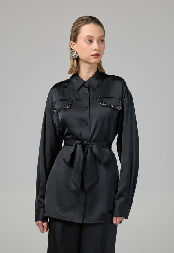 Choice Crystal Embellished Belted Shirt Black