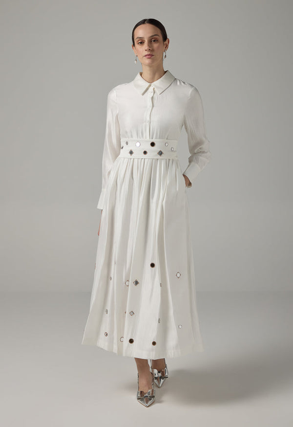 Choice Mirror Embroidered Belted Maxi Dress Off White