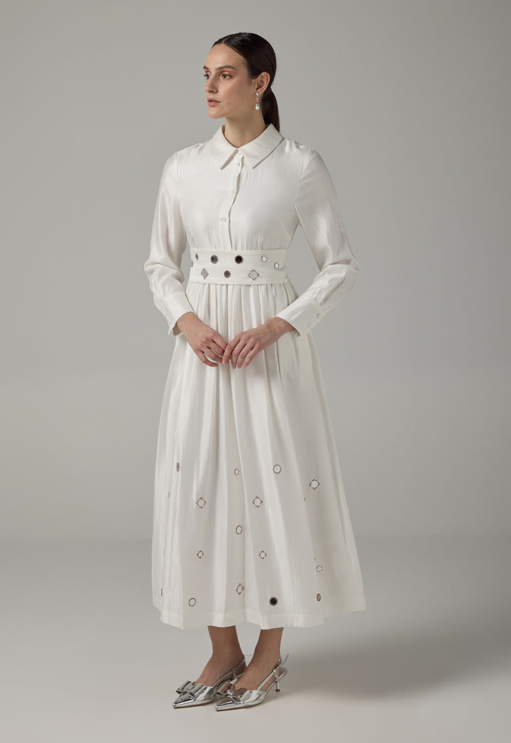 Choice Mirror Embroidered Belted Maxi Dress Off White