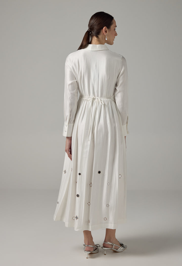 Choice Mirror Embroidered Belted Maxi Dress Off White