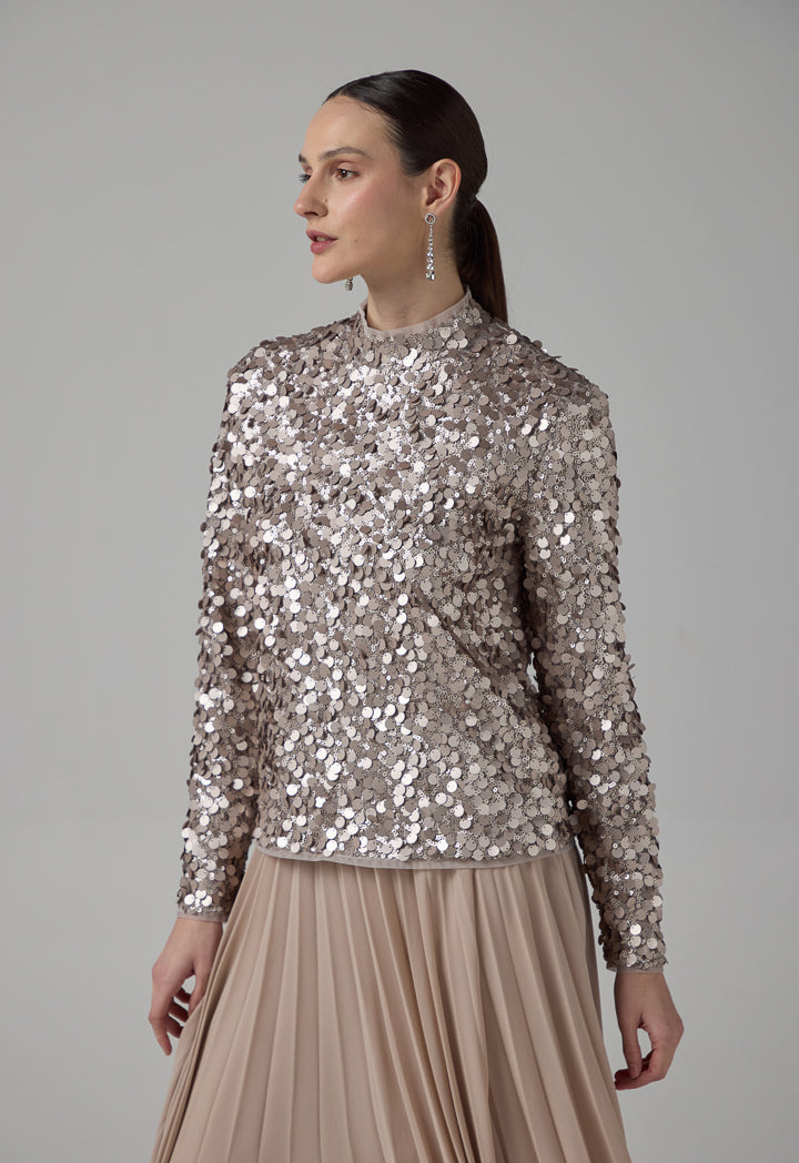 Choice Sequin Long Sleeve Blouse  Sand