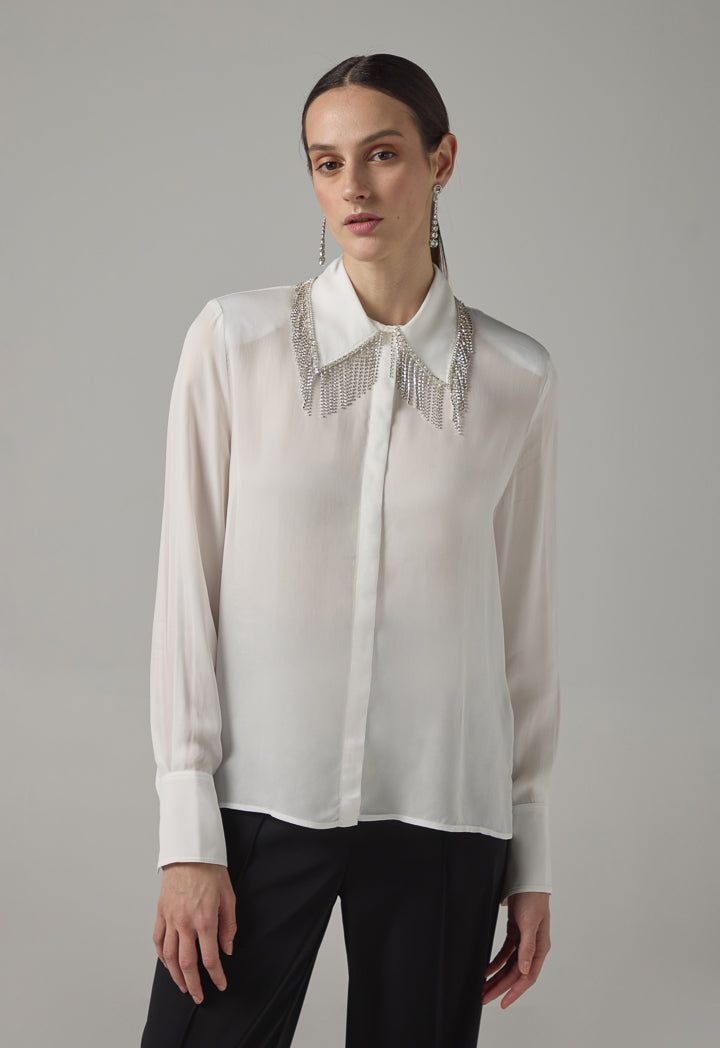 Choice Solid Crystal Embellished Shirt Off White