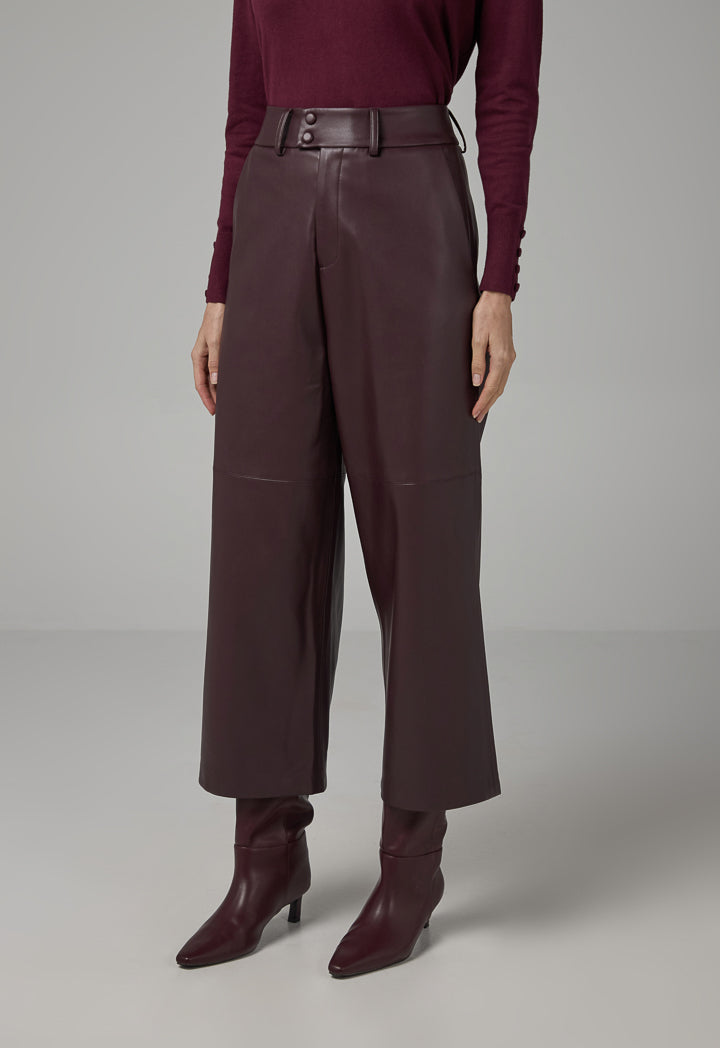 Choice Pu Leather Wide Legs Basic Trousers Burgundy