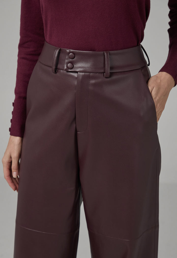 Choice Pu Leather Wide Legs Basic Trousers Burgundy