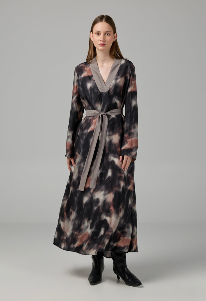 Choice Flared Printed Belted Dress  Multi Color