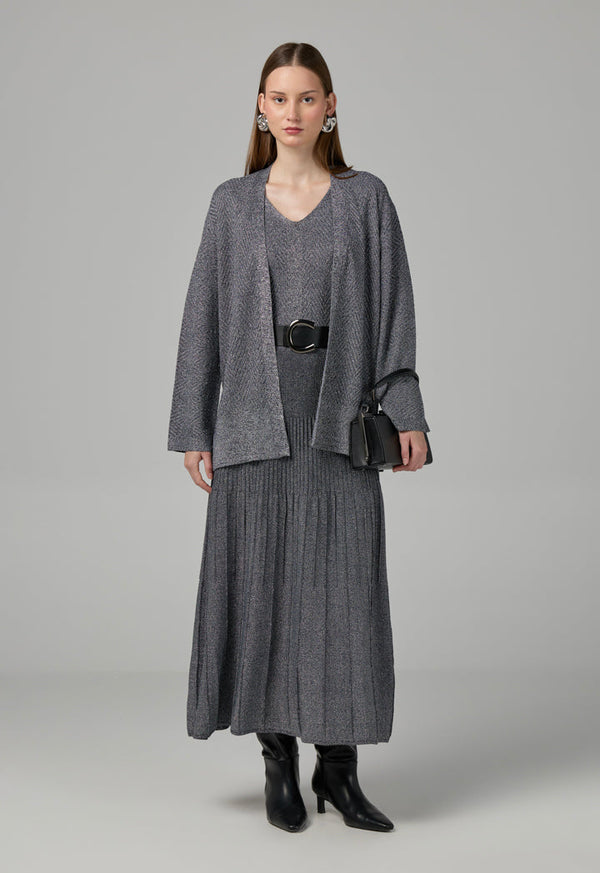 Choice Solid Lurex Knitted Belted Cardigan Silver