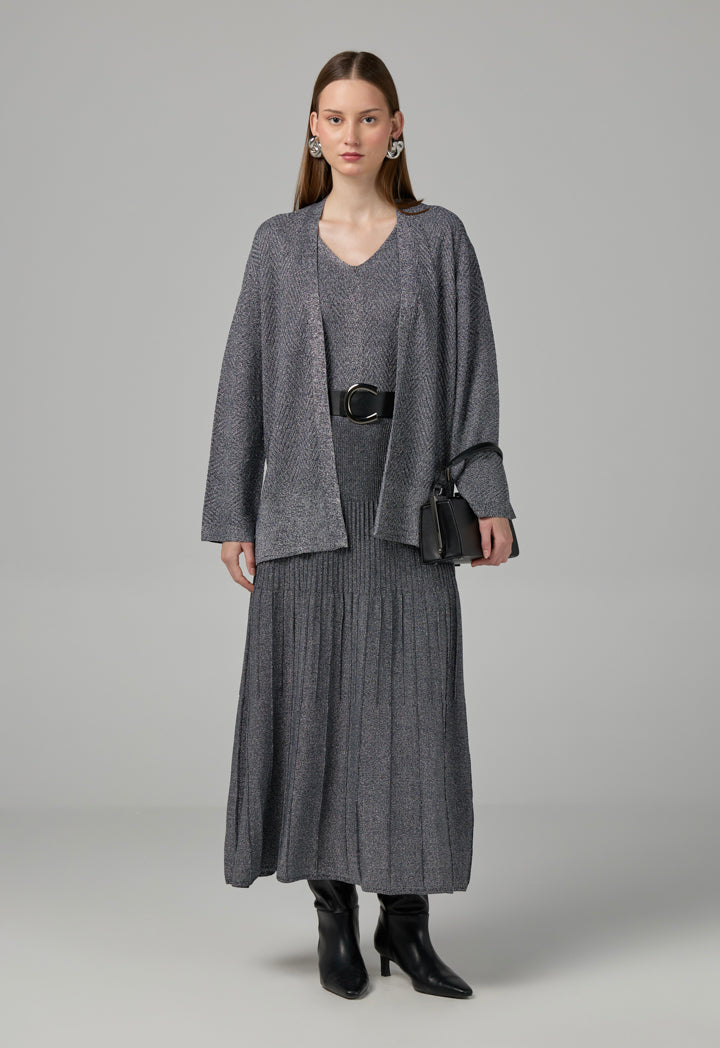 Choice Solid Lurex Knitted Belted Cardigan Silver