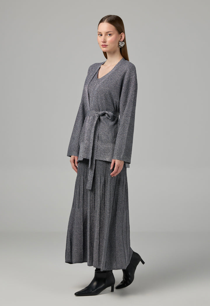 Choice Solid Lurex Knitted Belted Cardigan Silver