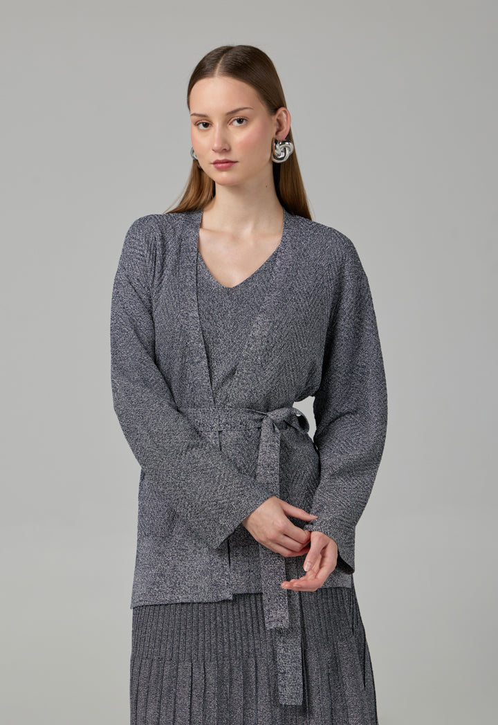 Choice Solid Lurex Knitted Belted Cardigan Silver