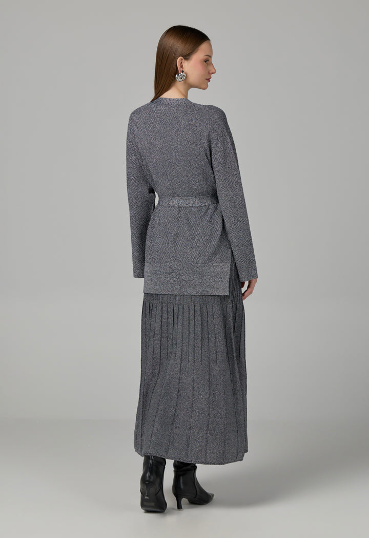 Choice Solid Lurex Knitted Belted Cardigan Silver